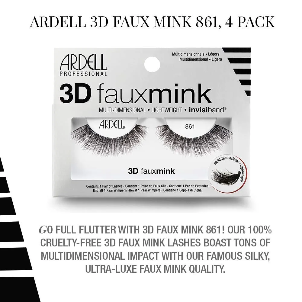 Ardell False Eyelashes 3D Faux Mink Lashes, 861 - Lightweight Reusable Strip Lashes with Invisiband, Ultra-Fluffy Volume for a Bold and Dramatic Look, 4 Pairs