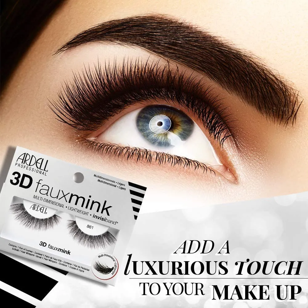 Ardell False Eyelashes 3D Faux Mink Lashes, 861 - Lightweight Reusable Strip Lashes with Invisiband, Ultra-Fluffy Volume for a Bold and Dramatic Look, 4 Pairs
