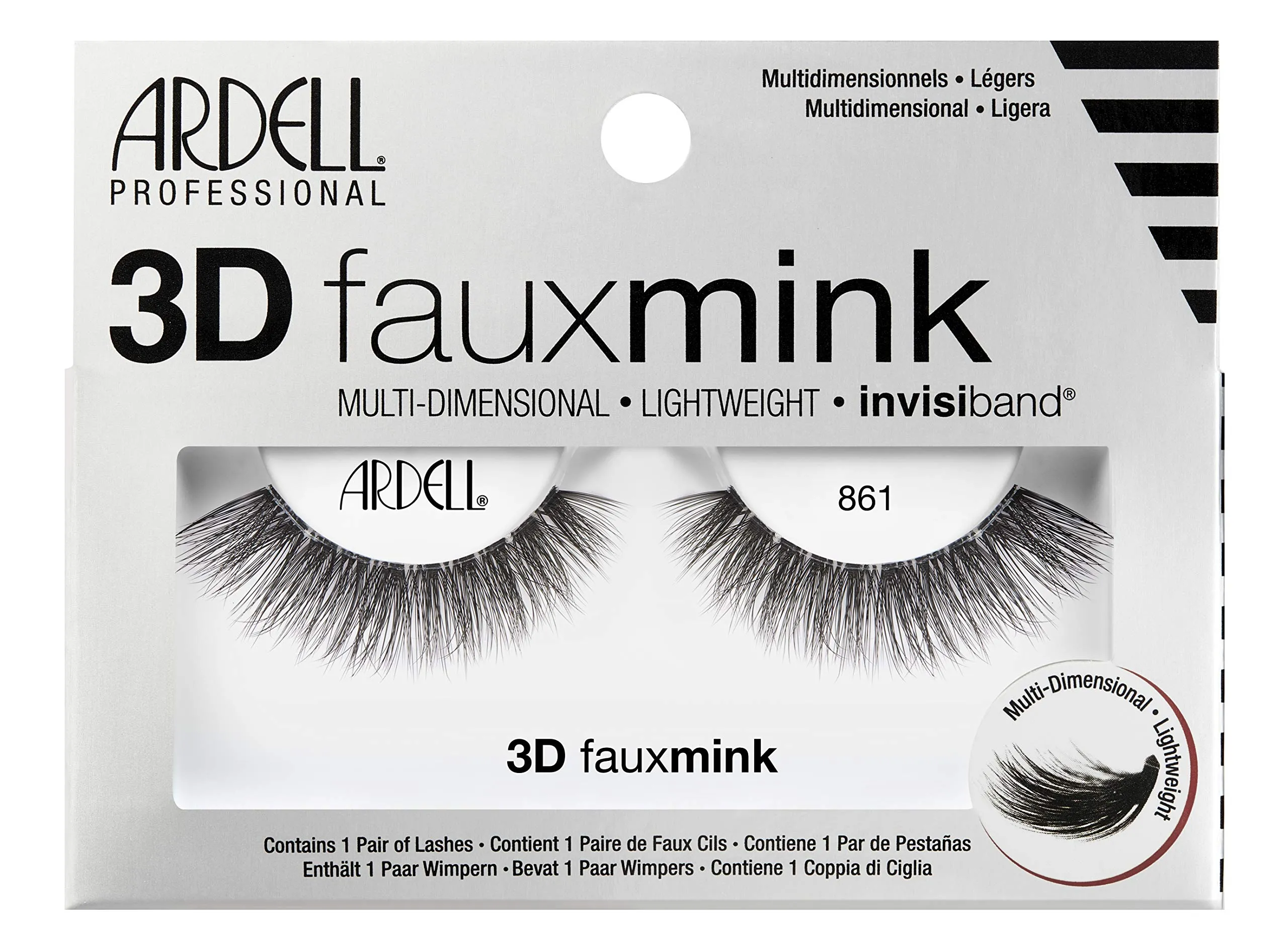 Ardell False Eyelashes 3D Faux Mink Lashes, 861 - Lightweight Reusable Strip Lashes with Invisiband, Ultra-Fluffy Volume for a Bold and Dramatic Look, 4 Pairs
