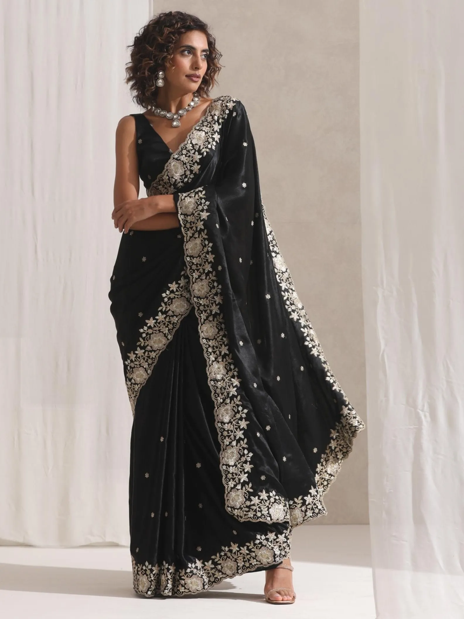Black Onyx Posh Velvety Saree with Embroidery and Blouse Fabric