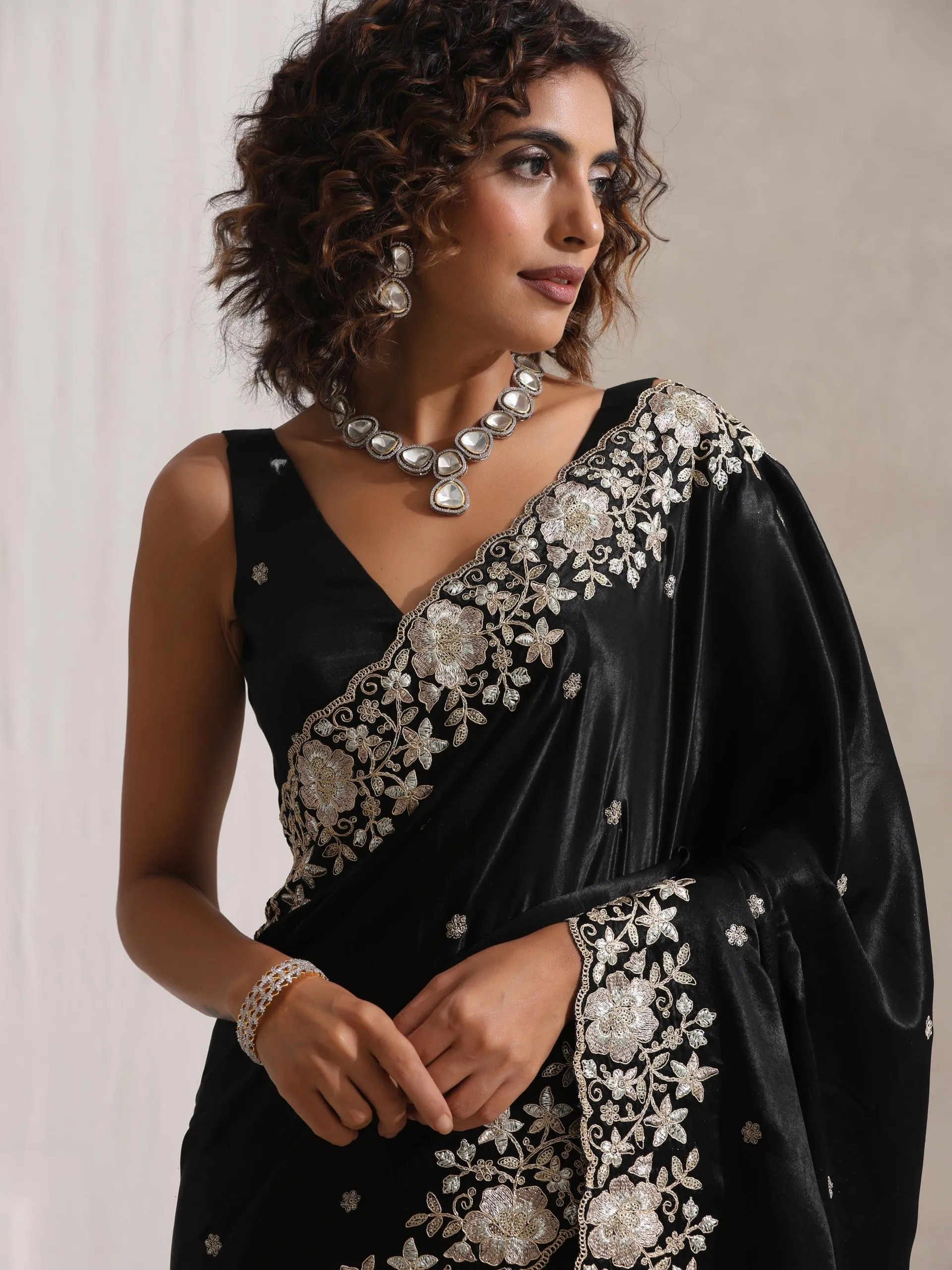 Black Onyx Posh Velvety Saree with Embroidery and Blouse Fabric