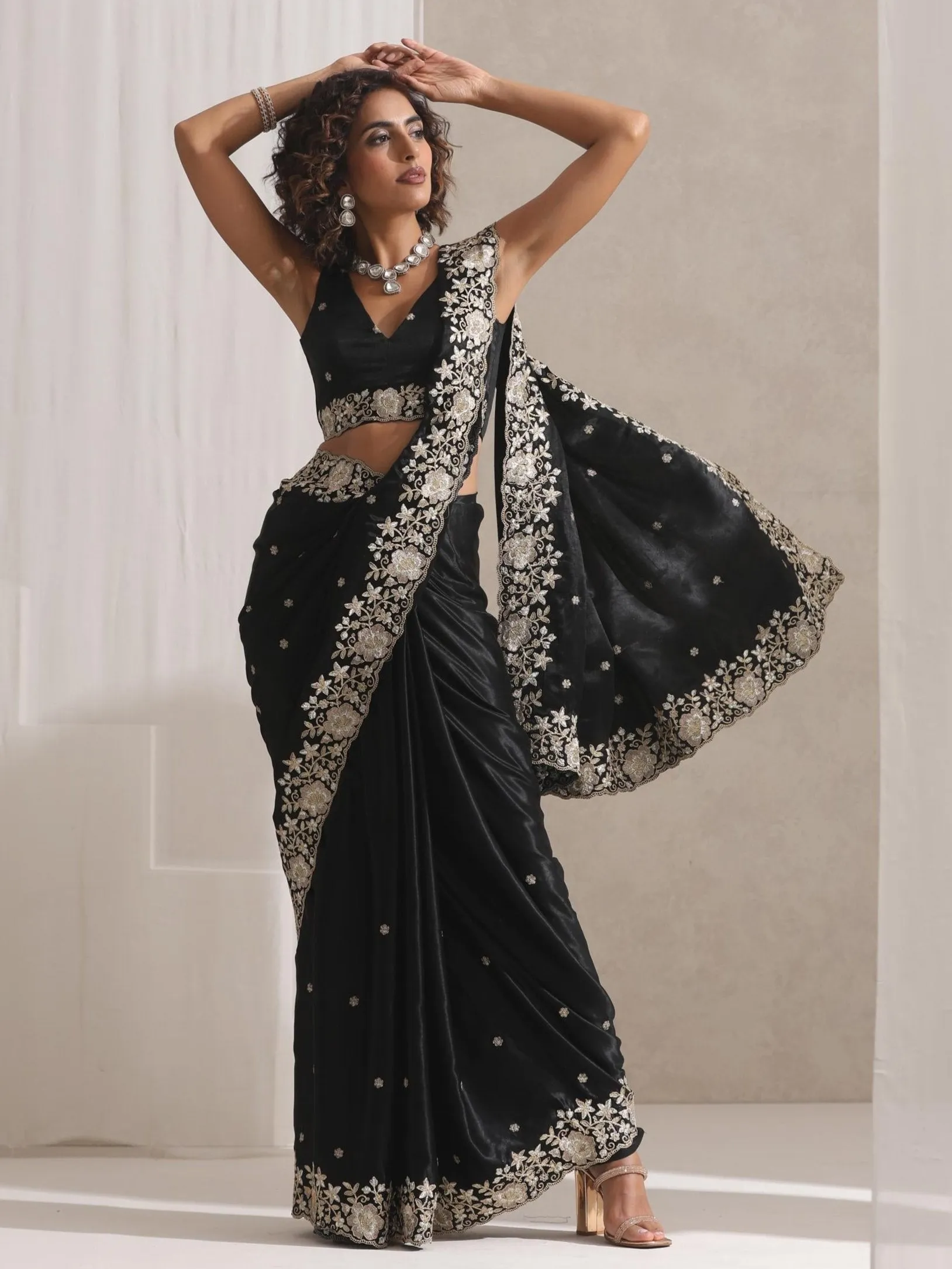 Black Onyx Posh Velvety Saree with Embroidery and Blouse Fabric