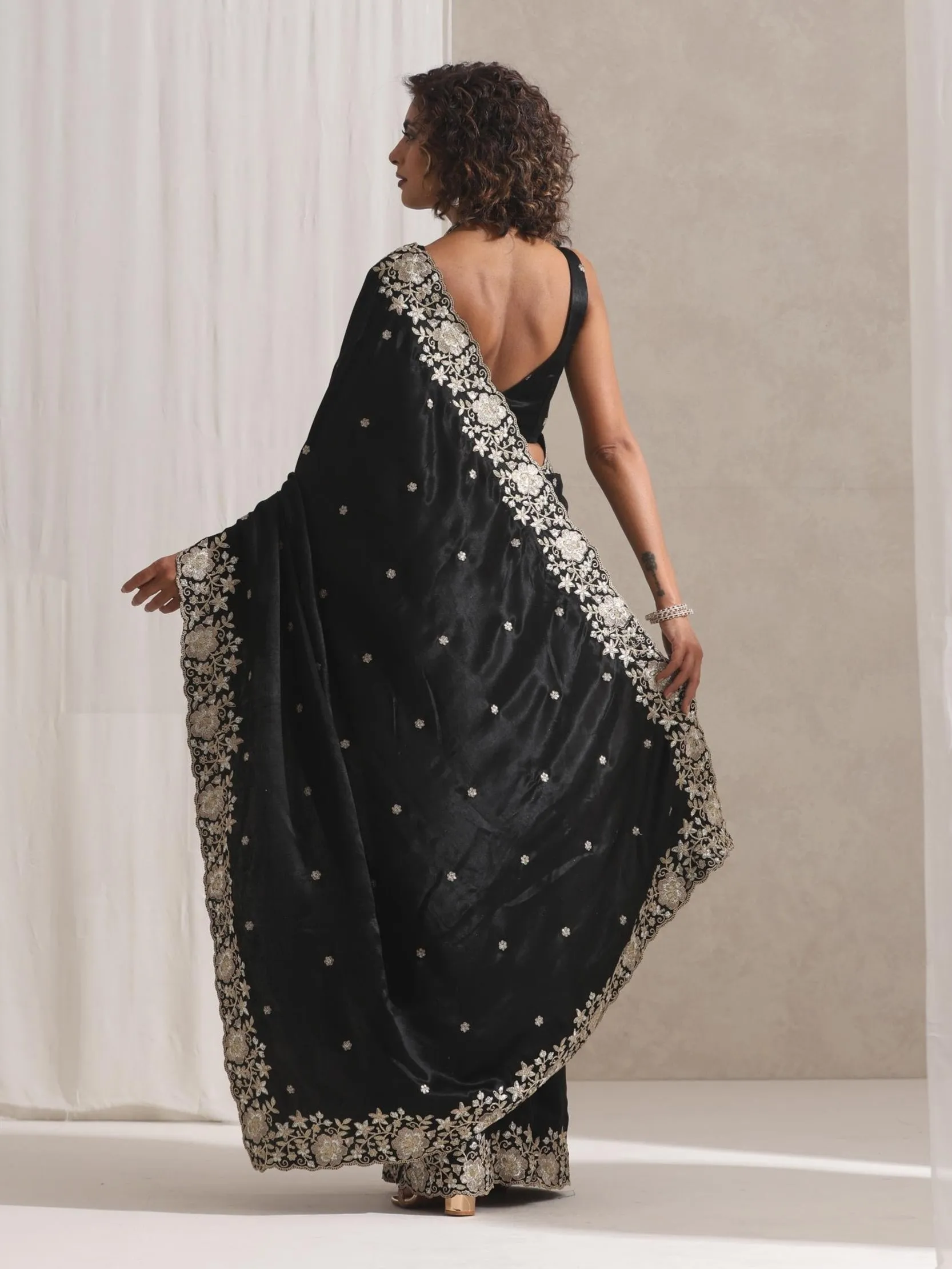Black Onyx Posh Velvety Saree with Embroidery and Blouse Fabric