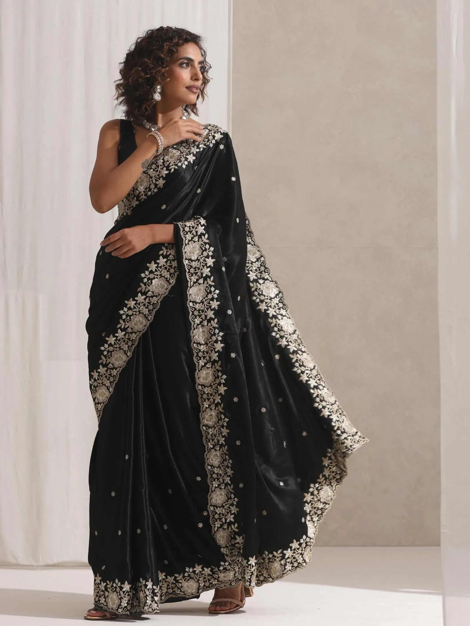 Black Onyx Posh Velvety Saree with Embroidery and Blouse Fabric