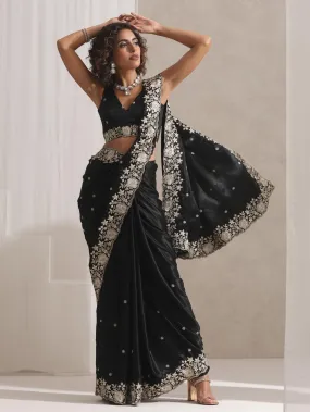 Black Onyx Posh Velvety Saree with Embroidery and Blouse Fabric