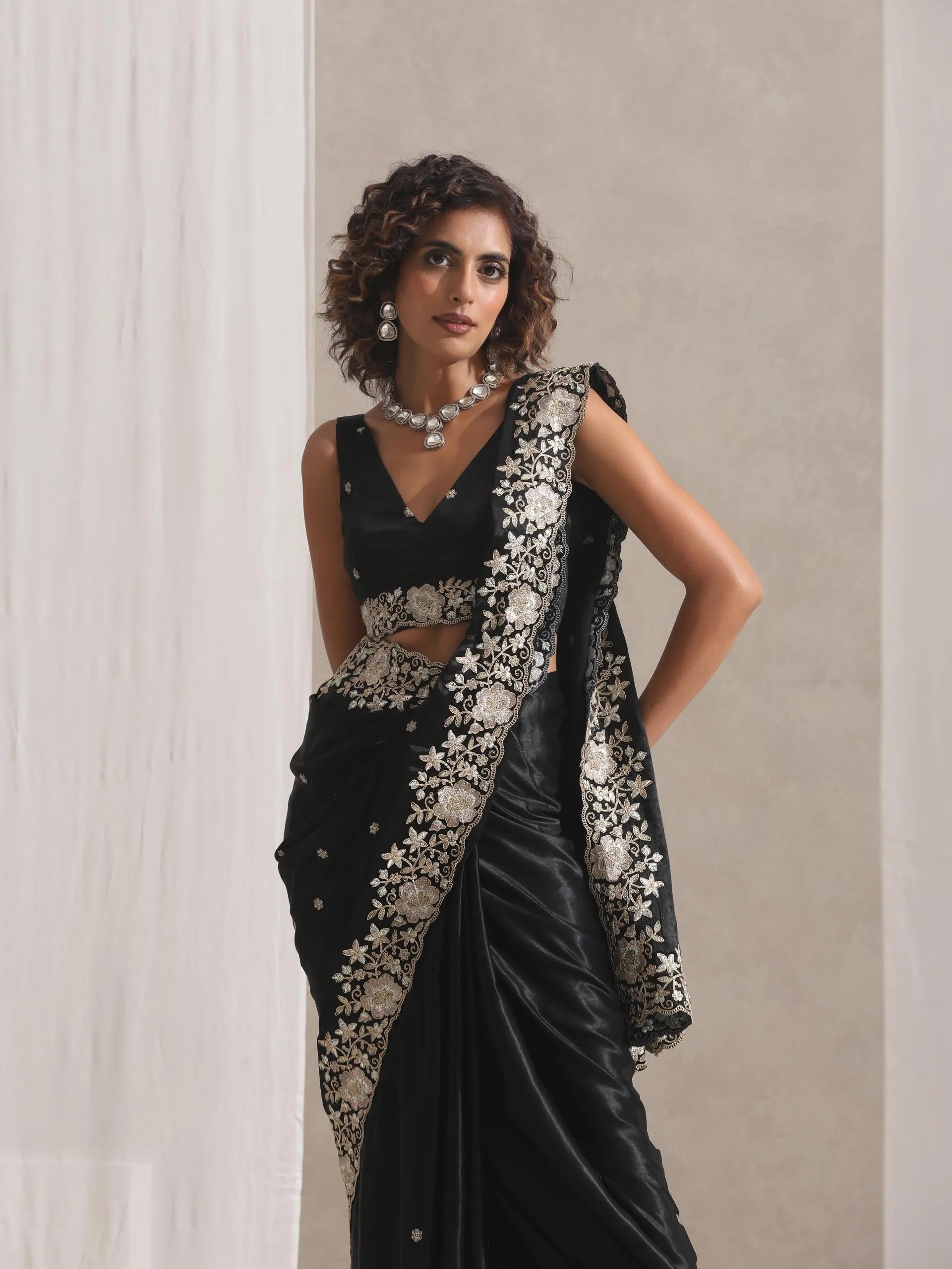 Black Onyx Posh Velvety Saree with Embroidery and Blouse Fabric