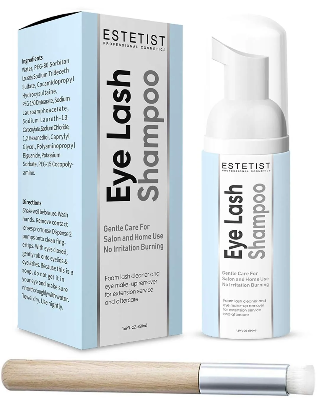 ESTETIST Eyelash Extension Shampoo & Brush - Gentle Aftercare Foaming Lash Cleanser Kit & Makeup Remover - For Home & Salon Use