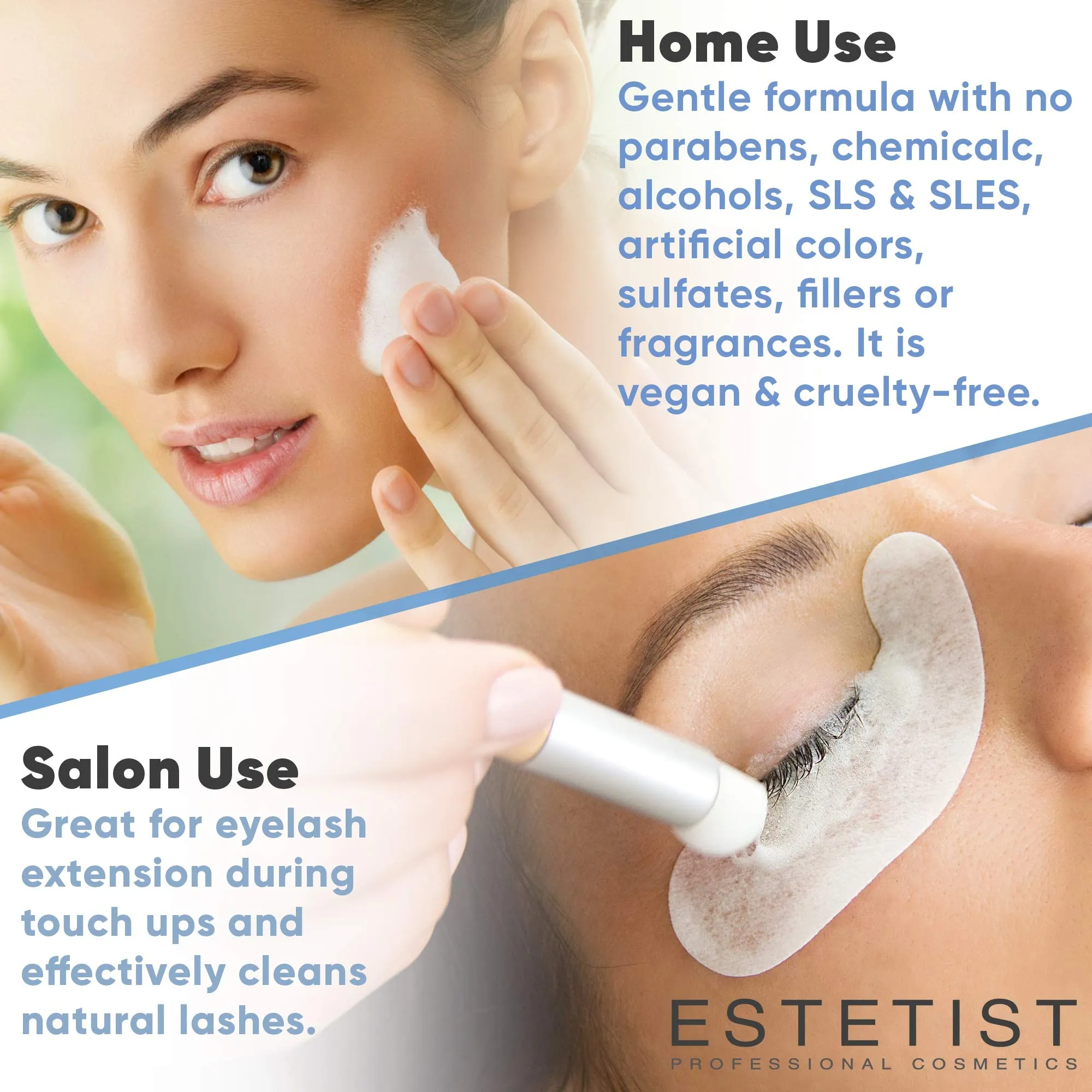 ESTETIST Eyelash Extension Shampoo & Brush - Gentle Aftercare Foaming Lash Cleanser Kit & Makeup Remover - For Home & Salon Use