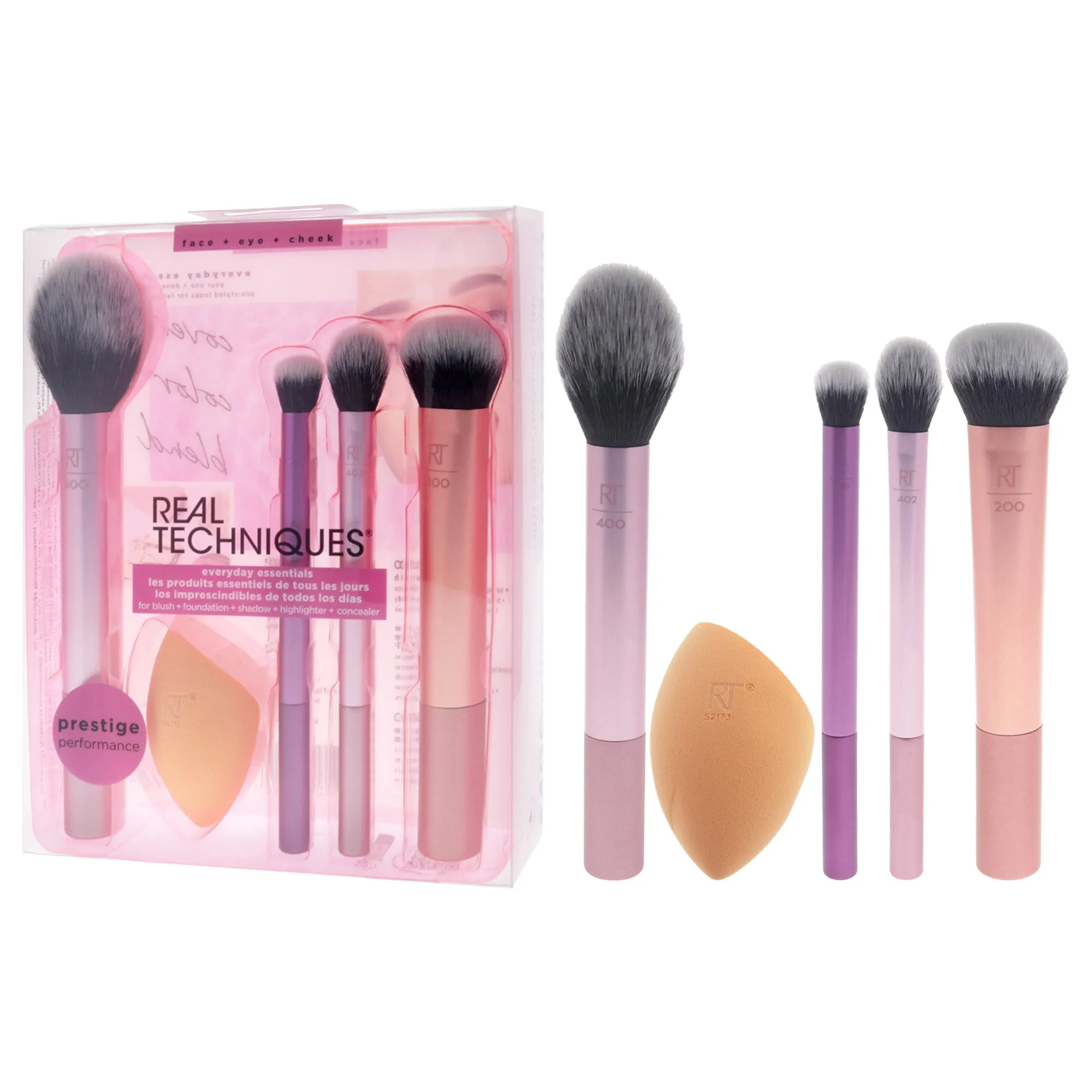 Everyday Essential Set by Real Techniques for Women - 5 Pc Blush Brush - 400, Miracle Complexion Sponge, Deluxe Crease Brush - 300, Setting Brush - 402, Expert Face Brush - 200
