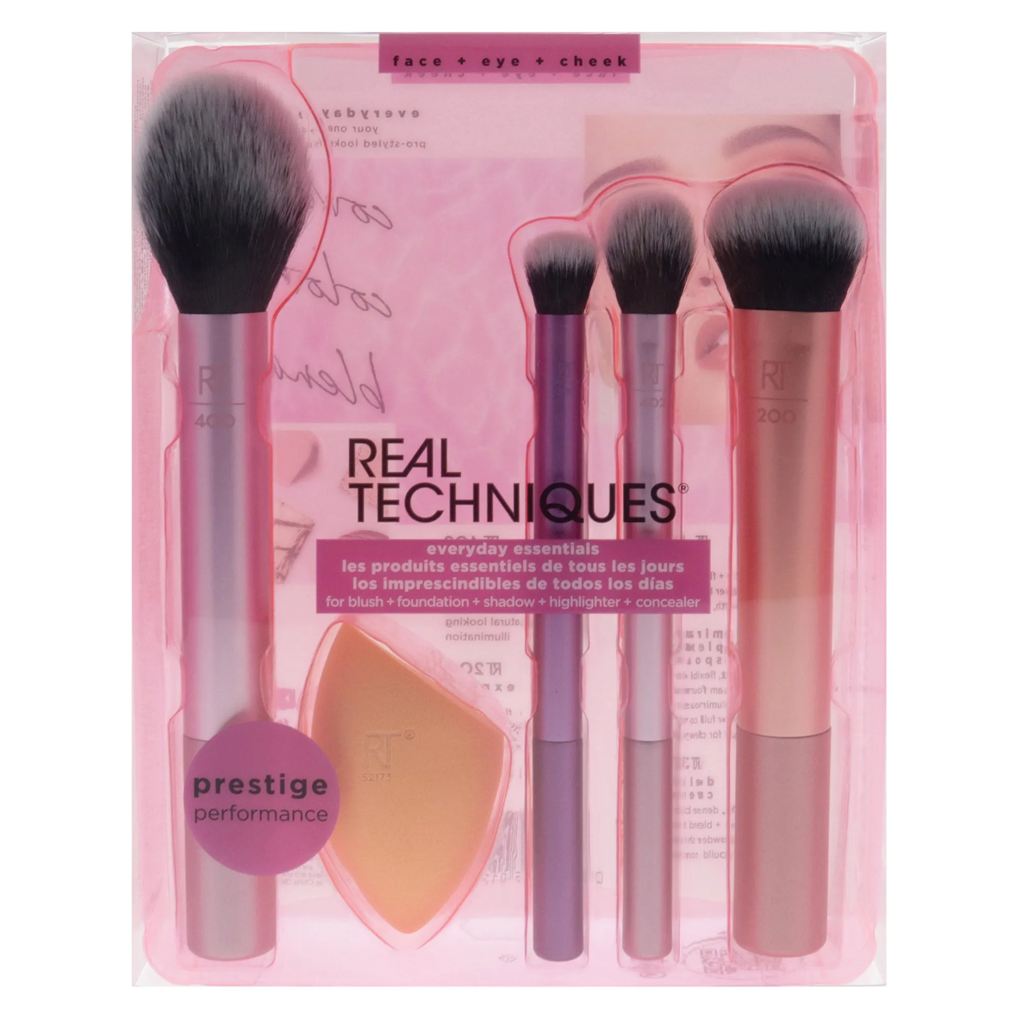 Everyday Essential Set by Real Techniques for Women - 5 Pc Blush Brush - 400, Miracle Complexion Sponge, Deluxe Crease Brush - 300, Setting Brush - 402, Expert Face Brush - 200