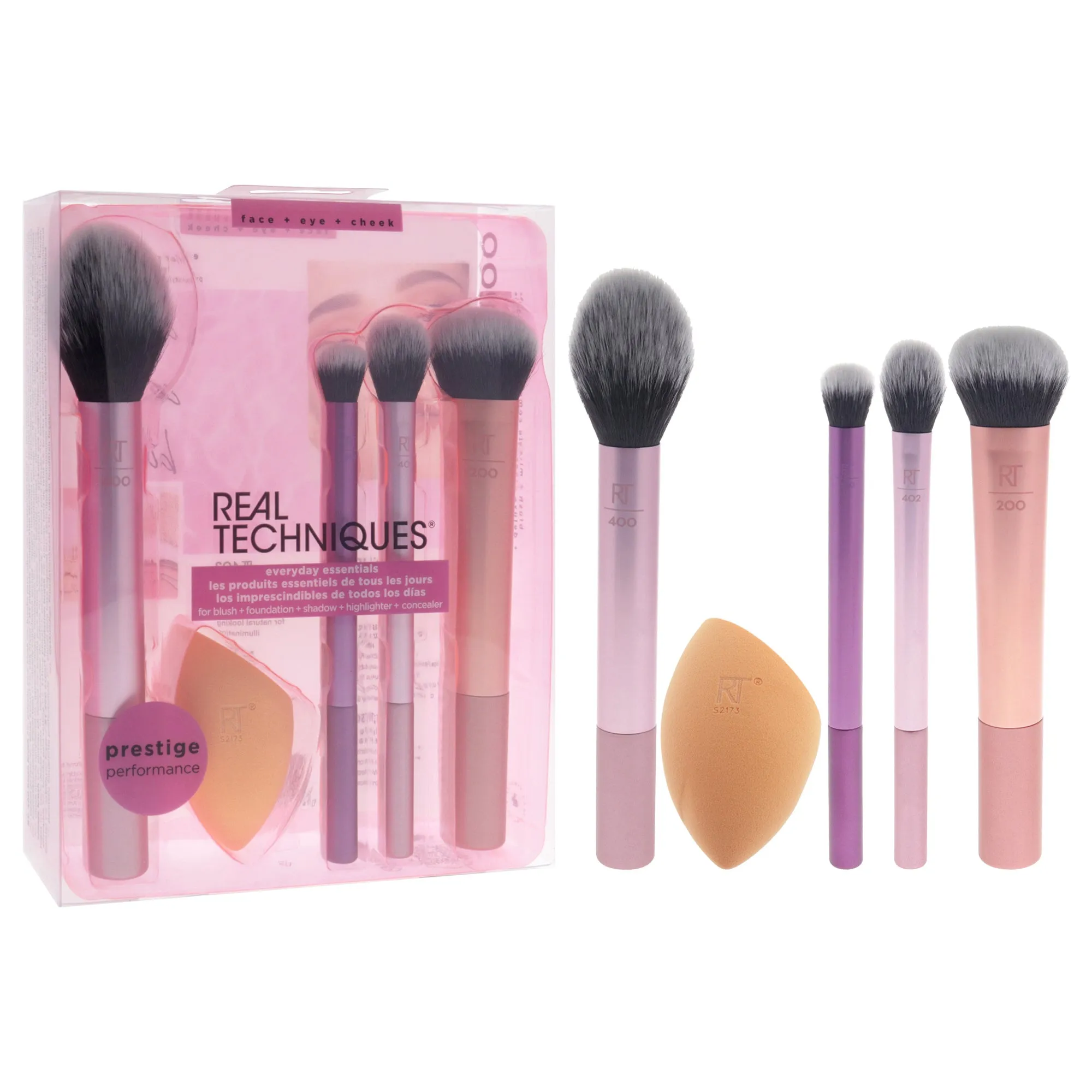Everyday Essential Set by Real Techniques for Women - 5 Pc Blush Brush - 400, Miracle Complexion Sponge, Deluxe Crease Brush - 300, Setting Brush - 402, Expert Face Brush - 200