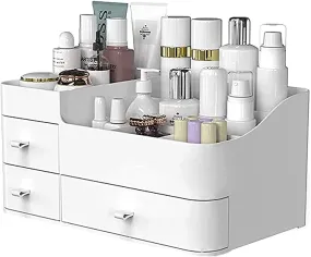 New Makeup Organizer With Drawers,Large Countertop Storage for Cosmetics Elegant Vanity Holder for Brushes, Eyeshadow, Lotions, Lipstick, Nail Polish and Jewelry (White)